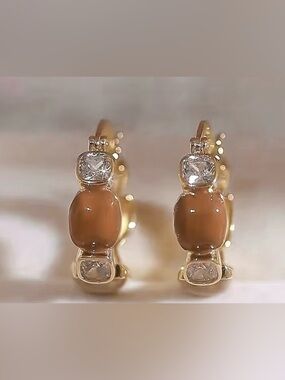 Gold Tone Brown Stone & Crystal Drop Earrings - Women Jewelry